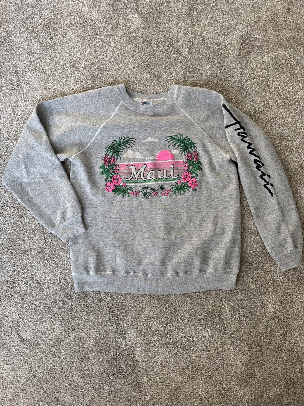 Hanes Gray Maui Graphic Crewneck Sweatshirt with Pink Accents